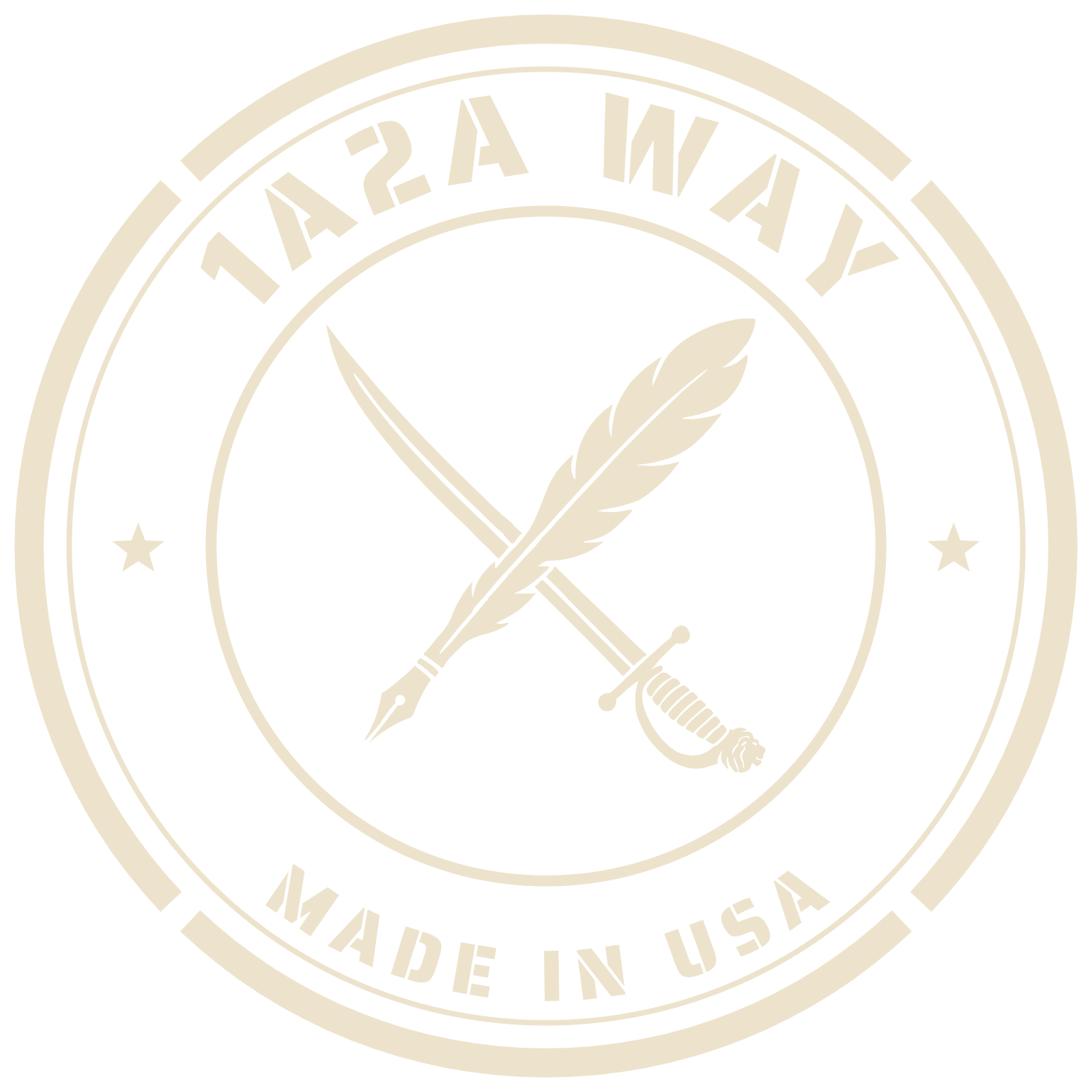 1A2A WAY badge: a quill pen crossed with a Revolutionary War sword